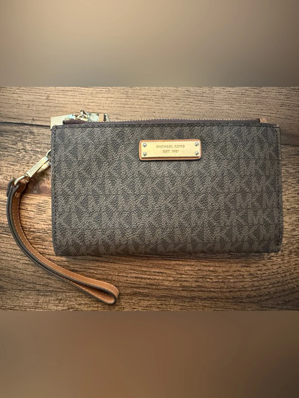 Michael Kors Brown Monogram Wristlet with Gold Plaque Double Zipper Card Holder